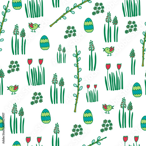 Tender spring pattern with Easter egg, pussy willow branches, flowers and birds on white background. Vector illustration for wallpaper, wrapping paper, textile, fabric and Easter design. 