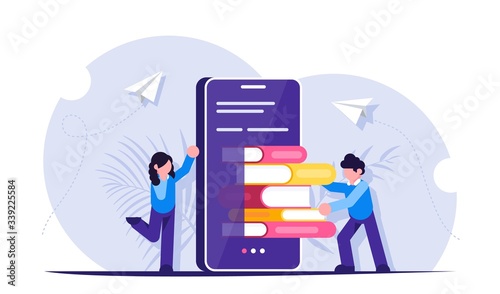 E-learning or the concept of a mobile library. Lots of books on your cell phone. People are self-educated. Modern flat vector illustration.