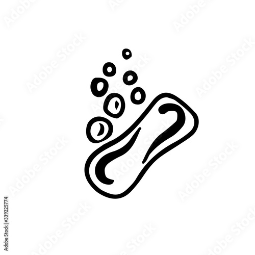 Doodle illustration of a female pad with a breathable layer and a soft surface. Vector illustration of a female pad during menstruation. Icon, image with black lines on a white background