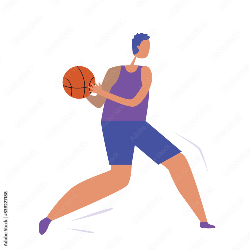 Man or character playing basketball with a ball in his hands, flat vector stock illustration with a young or adult gay isolated on a white background as a sport or competition concept