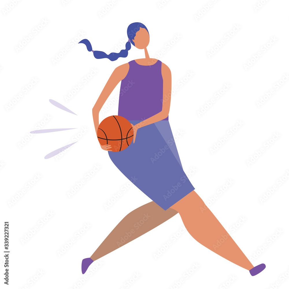 Girl or character runs with a basketball in hand, flat vector stock illustration with young or adult woman isolated on white background as a concept of team sports