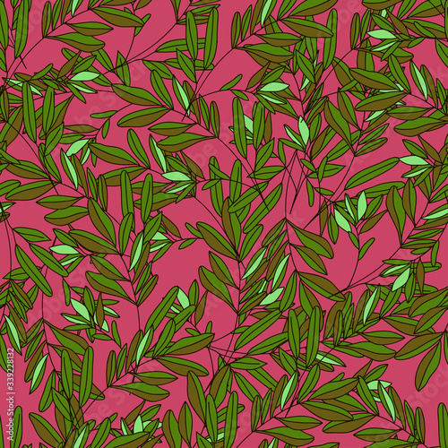 Seamless pattern with green leaves and branches on bright pink. Vector design for textile  fabric  wallpaper and wrapping paper design. 