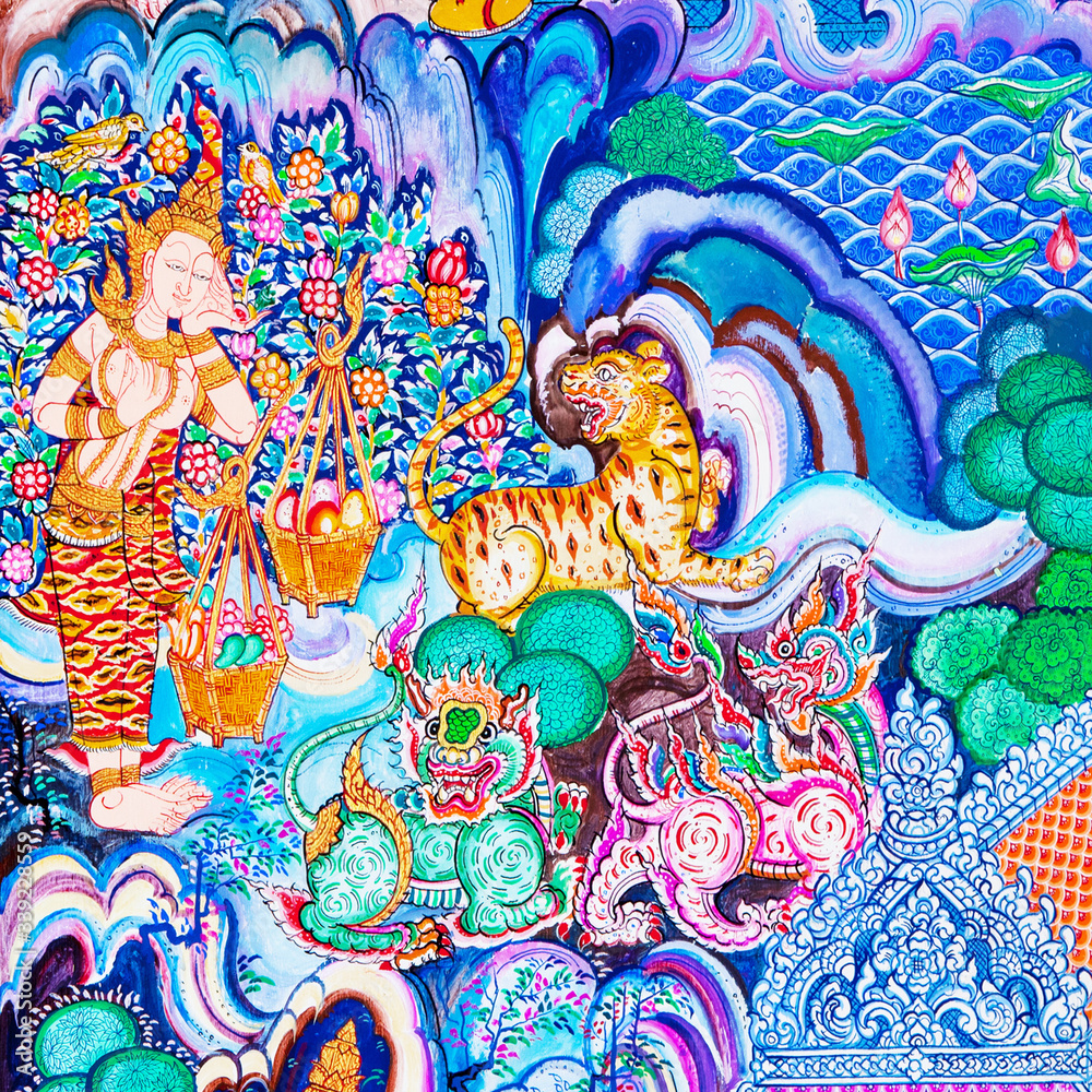Mural painting of the history of temples in Thailand Mural painting of the history of temples in Thailand