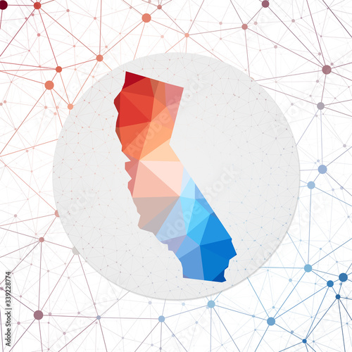 Abstract vector map of California. Technology in the US state geometric style poster. Polygonal California map on 3D triangular mesh background. EPS10 Vector.
