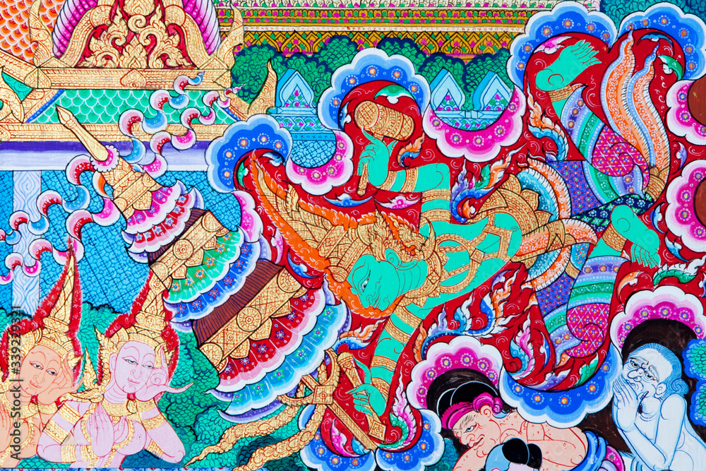 Mural painting of the history of temples in Thailand Mural painting of the history of temples in Thailand