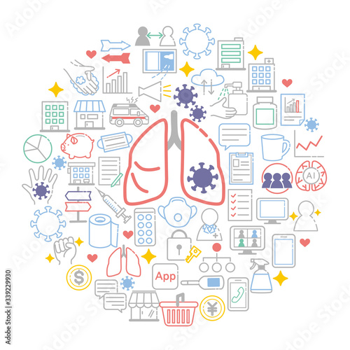 コロナウイルス　感染症対策　アイコン　イラスト　セット
