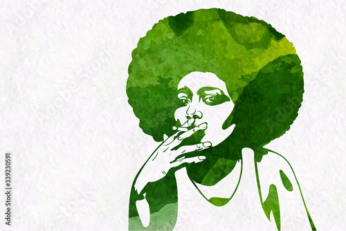 Woman's silhouette with afro hairstyle smoking joint with marijhuana leaf. Vector image