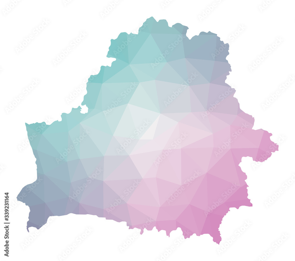 Polygonal map of Belarus. Geometric illustration of the country in emerald and amethyst colors. Belarus map in low poly style. Technology, internet, network concept. Vector illustration. Polygonal map of Belarus. Geometric illustration of the country in emerald and amethyst colors. Belarus map in low poly style. Technology, internet, network concept. Vector illustration.