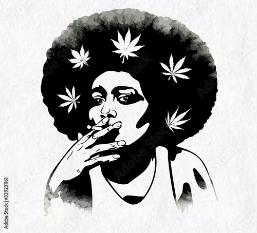 Woman's silhouette with afro hairstyle smoking joint with marijhuana leaf. Vector image