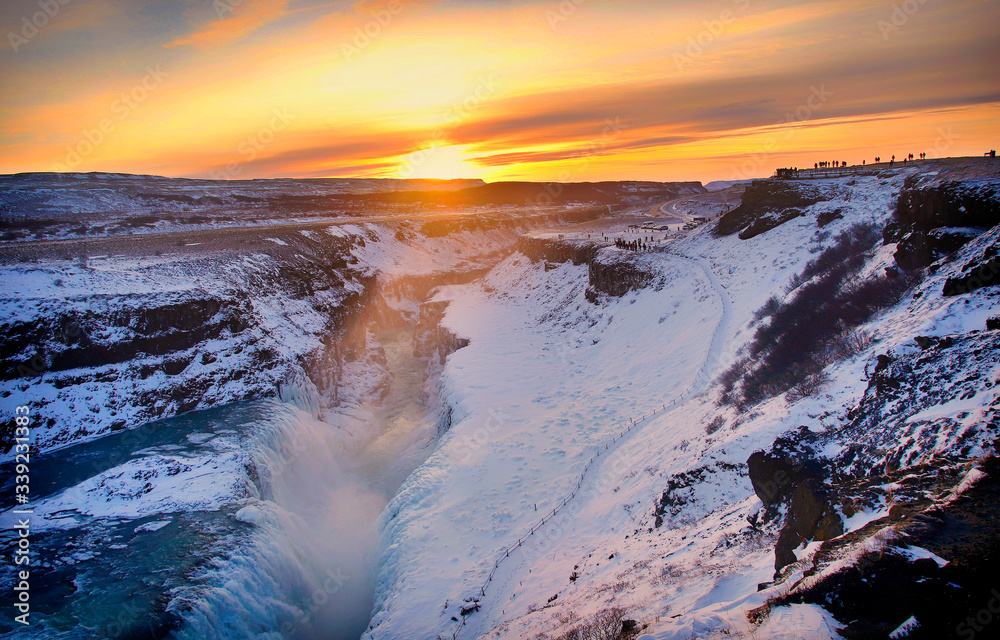winter landscape with snow at Gullfoss Waterfall in Iceland, Europe winter landscape with snow at Gullfoss Waterfall in Iceland, Europe