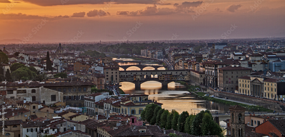 Old Bridge on River Arno as seen from Pizzale Michelangelo during sun set 