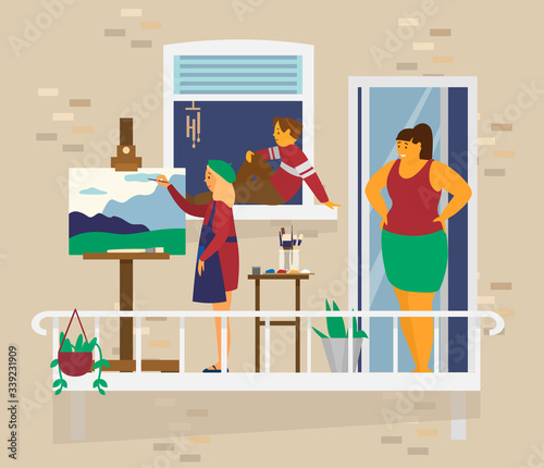 Mother with children on balcony. Girl paints landscape, boy sits on windowsill, mother looks on her children. Home activities. Stay home concept. Flat vector illustration.