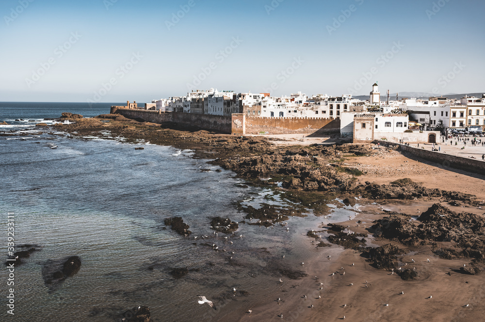 Essaouira Ramparts aerial panoramic view in Essaouira, Morocco. Essaouira is a city in the western Moroccan region on the Atlantic coast.