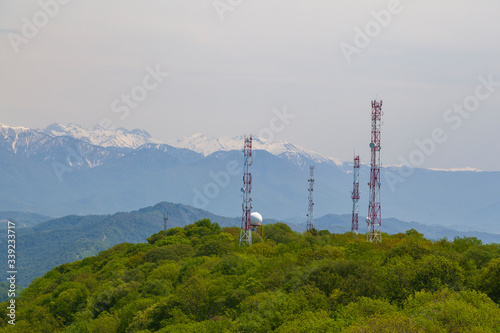 4G and 5G Cell site, communication mast, satellite communication antenna, Development of communication systems in urban area.copy space