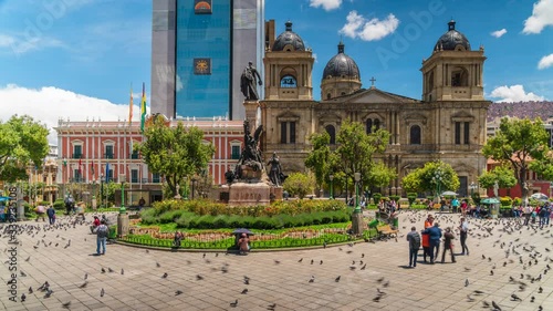 Time lapse view of Plaza Murillo showing historical landmarks Presidential Palace and La Paz Cathedral in central La Paz, Bolivia, South America. photo