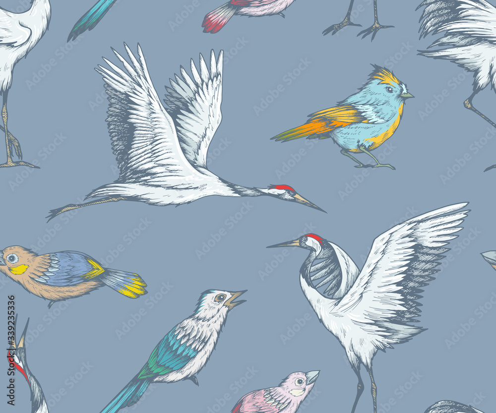 Fototapeta premium Seamless pattern with cranes and little birds