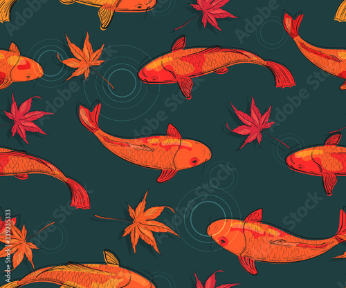 Seamless pattern with koi carps and maple leaves