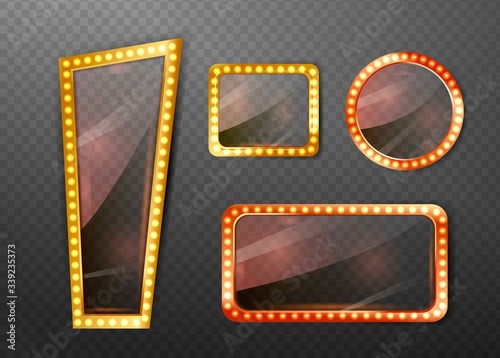 Makeup mirror. Circle and rectangle mirrors frame with light bulbs and mirrored reflection. Isolated vector set of mirror with bulb frame. Vector illustration.