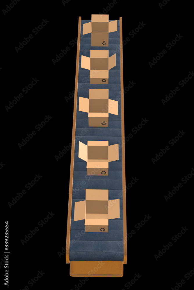 Conveyor belt section with open boxes. Factory production equipment. 3d render on black background. Conveyor belt section with open boxes. Factory production equipment. 3d render on black background.