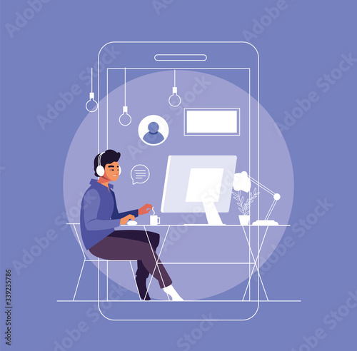 man freelancer working from her home