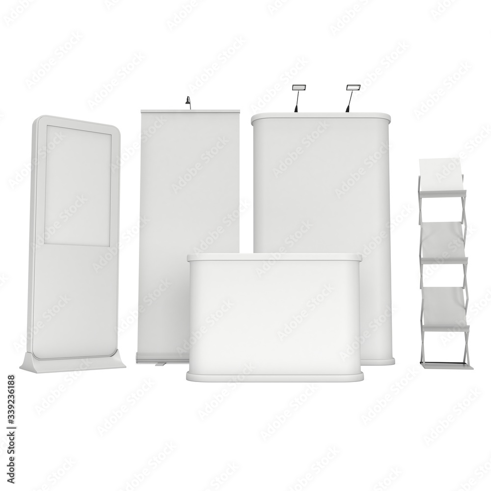 LCD Screen Floor Stand with Roll-Up Pop-Up and reception desk. Blank Trade Show Booth. 3d render of lcd kiosk isolated on white background. Ad template for your expo design. LCD Screen Floor Stand with Roll-Up Pop-Up and reception desk. Blank Trade Show Booth. 3d render of lcd kiosk isolated on white background. Ad template for your expo design.