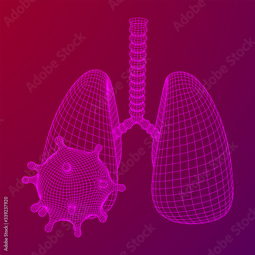 Corona Virus and Lungs with trachea bronchi internal organ human. Covid virus pulmonology medicine science concept. Wireframe low poly mesh vector illustration.