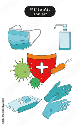 Set of vector icons on the theme of medicine. Protection against bacteria and viruses, protection against coronavirus. Medical mask and gloves, disinfectant, antibacterial wipes.