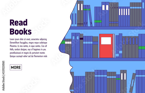 Read the books. Face silhouette, double exposure. Education concept, book lovers. Template for literature event concept or Book festival. Vector illustration