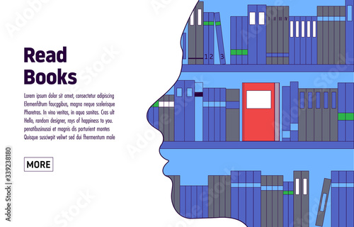 Read the books. Face silhouette, double exposure. Education concept, book lovers. Template for literature event concept or Book festival. Vector illustration