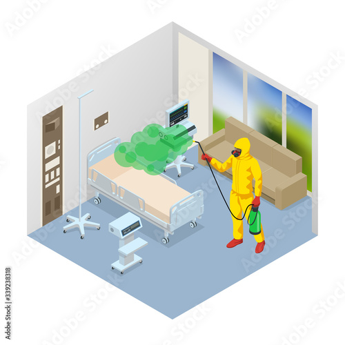 Isometric man wearing a protective suit disinfects hospital ward with a spray gun. Virus pandemic COVID-19. Prevention against Coronavirus disease COVID-19.