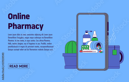 Online Pharmacy App Concept. Smartphone with medicines on the screen on the background of a mug and a cactus photo