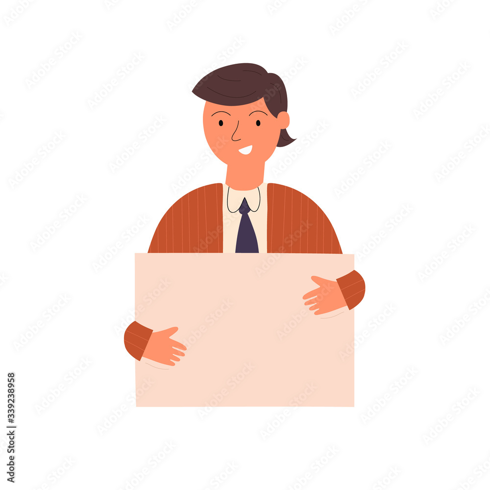 Smiling guy holding empty placard isolated on white background. Trendy young man carrying blank sheet with a place for text. Flat vector illustration Smiling guy holding empty placard isolated on white background. Trendy young man carrying blank sheet with a place for text. Flat vector illustration