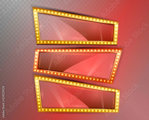 Makeup mirror. Circle and rectangle mirrors frame with light bulbs and mirrored reflection. Isolated vector set of mirror with bulb frame. Vector illustration.