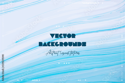 Vector fluid art texture. Abstract background with mixing paint effect. Liquid acrylic picture that flows and splashes. Mixed paints for baner or wallpaper. Blue, mint and white overflowing colors