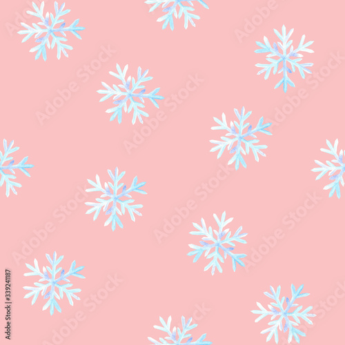 Blue watercolor snowflakes on pink background: tender winter illustration, seamless pattern, frosty background design. © lipchania