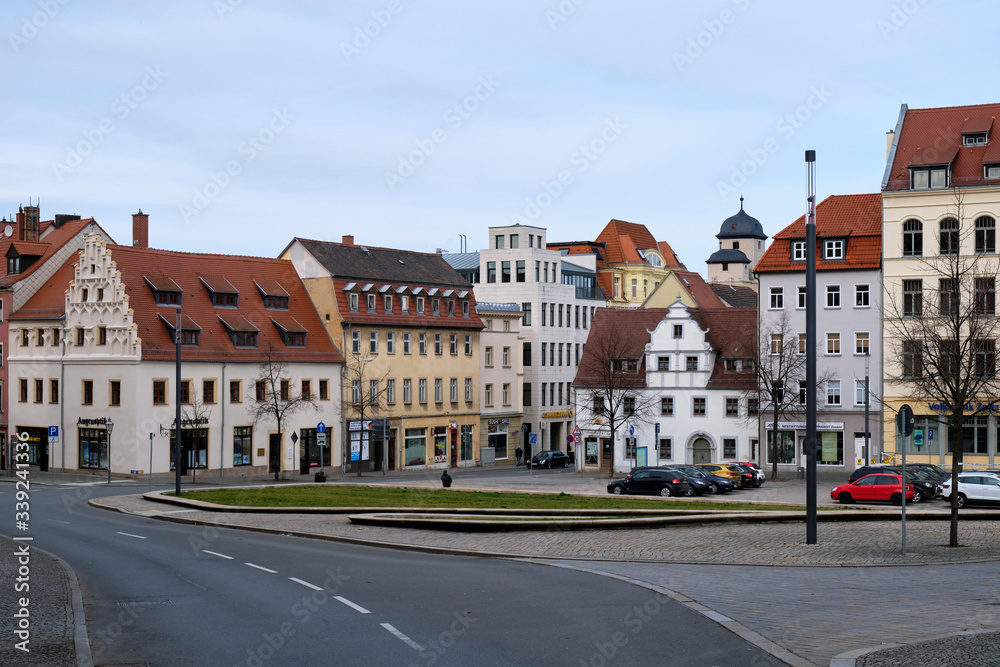 Historische Gebäude am Roßmarkt und Gewandhaus in Zeitz, Burgenlandkreis, Sachsen-Anhalt, Deutschland
