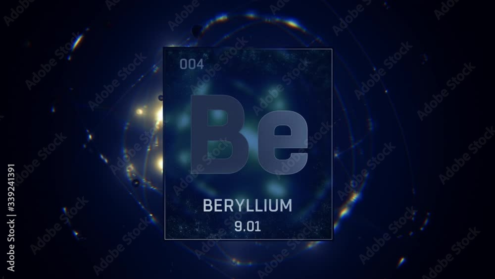 Beryllium as Element 4 of the Periodic Table. Seamlessly looping 3D animation on blue illuminated atom design background with orbiting electrons. Design shows name, atomic weight and element number 
