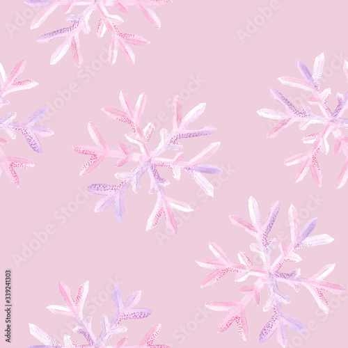 Pink watercolor snowflakes on pink background: tender winter illustration, seamless pattern, frosty background design.