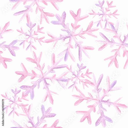 Pink watercolor snowflakes on white background  tender winter illustration  seamless pattern  frosty background design.