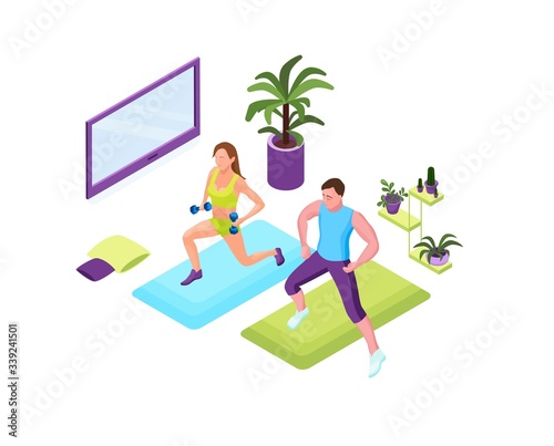 Training at home people, man and woman doing fitness in domestic room during quarantine period, 3d isometric illustration of sport exercises