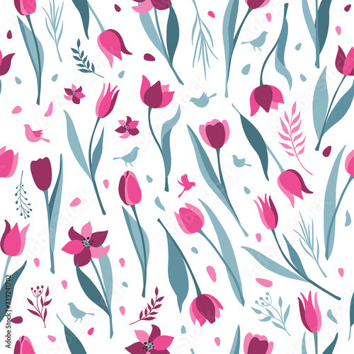 Tulip vector seamless pattern on white background. Tulips flat illustration icon of tulip. 8 March day. Women s day. Vector surface illustration.