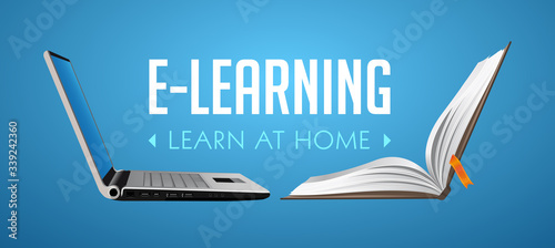 Computer as book knowledge base concept - laptop as elearning idea - stay at home and learn without going to school
