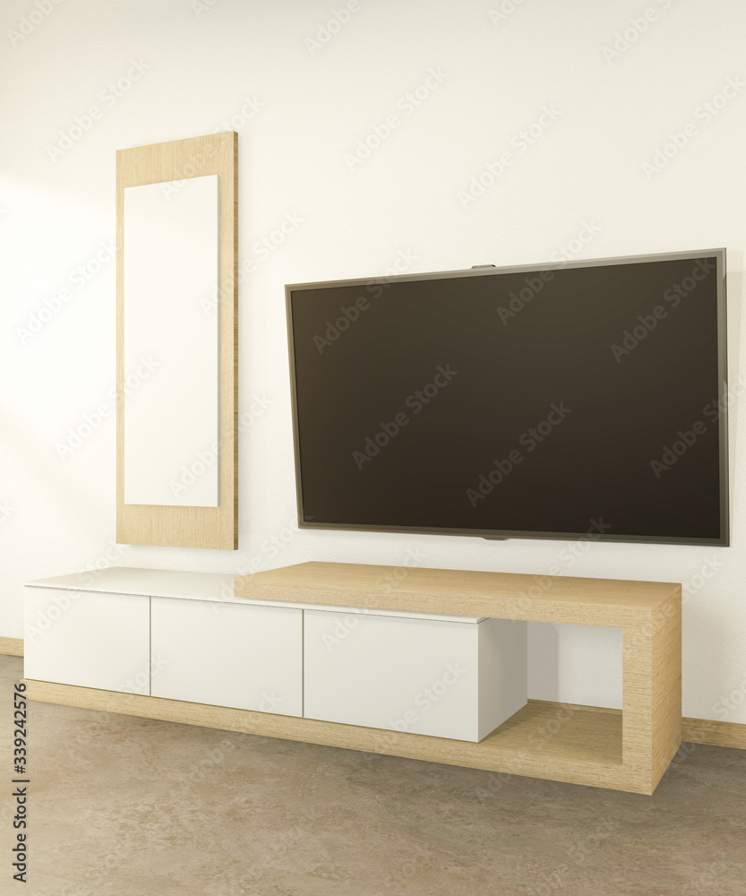Tv cabinet in tropical empty room Japanese - zen style,minimal designs. 3D rendering Tv cabinet in tropical empty room Japanese - zen style,minimal designs. 3D rendering