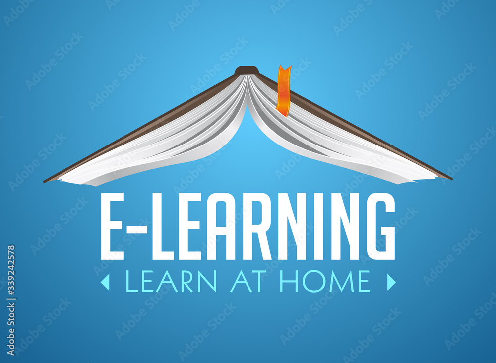 Book as a house roof - elearning idea - stay at home and learn without going to school - obrazy, fototapety, plakaty 