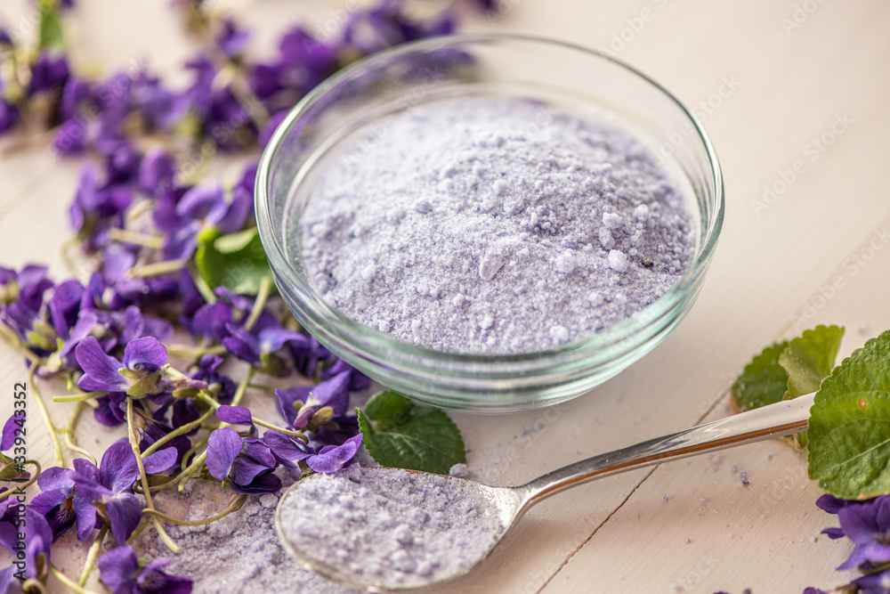 close up lilac sweet sugar crystals bath salts from fresh viola violet violetta odorata blossom flowers close up lilac sweet sugar crystals bath salts from fresh viola violet violetta odorata blossom flowers