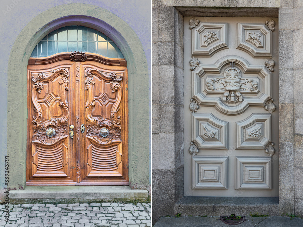 two wooden door with beautiful decorative wooden trim in the historic part of Lisbon