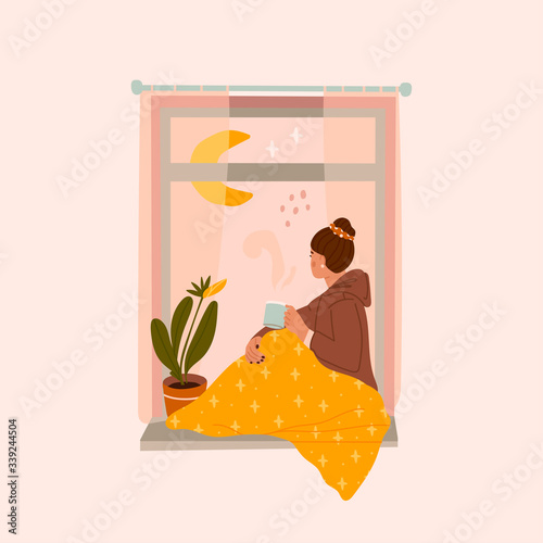 Young thoughtful woman drinking tea or coffee and looking through window while sitting on windowsill at home with cozy blanket. Hand drawn colored Vector illustration. Thinking, meditating concept