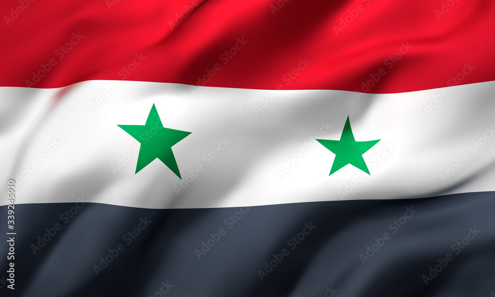 Flag of Syria blowing in the wind. Full page Syrian flying flag. 3D illustration. Flag of Syria blowing in the wind. Full page Syrian flying flag. 3D illustration.