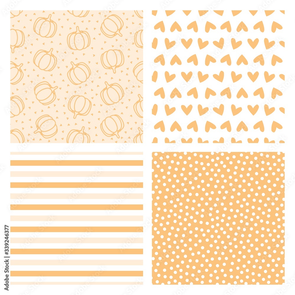 Set of 4 seamless patterns with pumpkins, hearts, stripes and dots