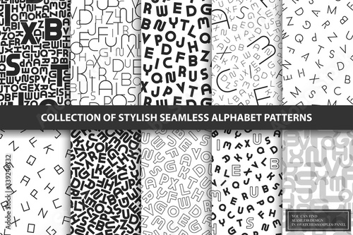 Collection of vector seamless alphabet patterns. Stylish white backgrounds with black latin letters. Trendy textile monochrome textures photo